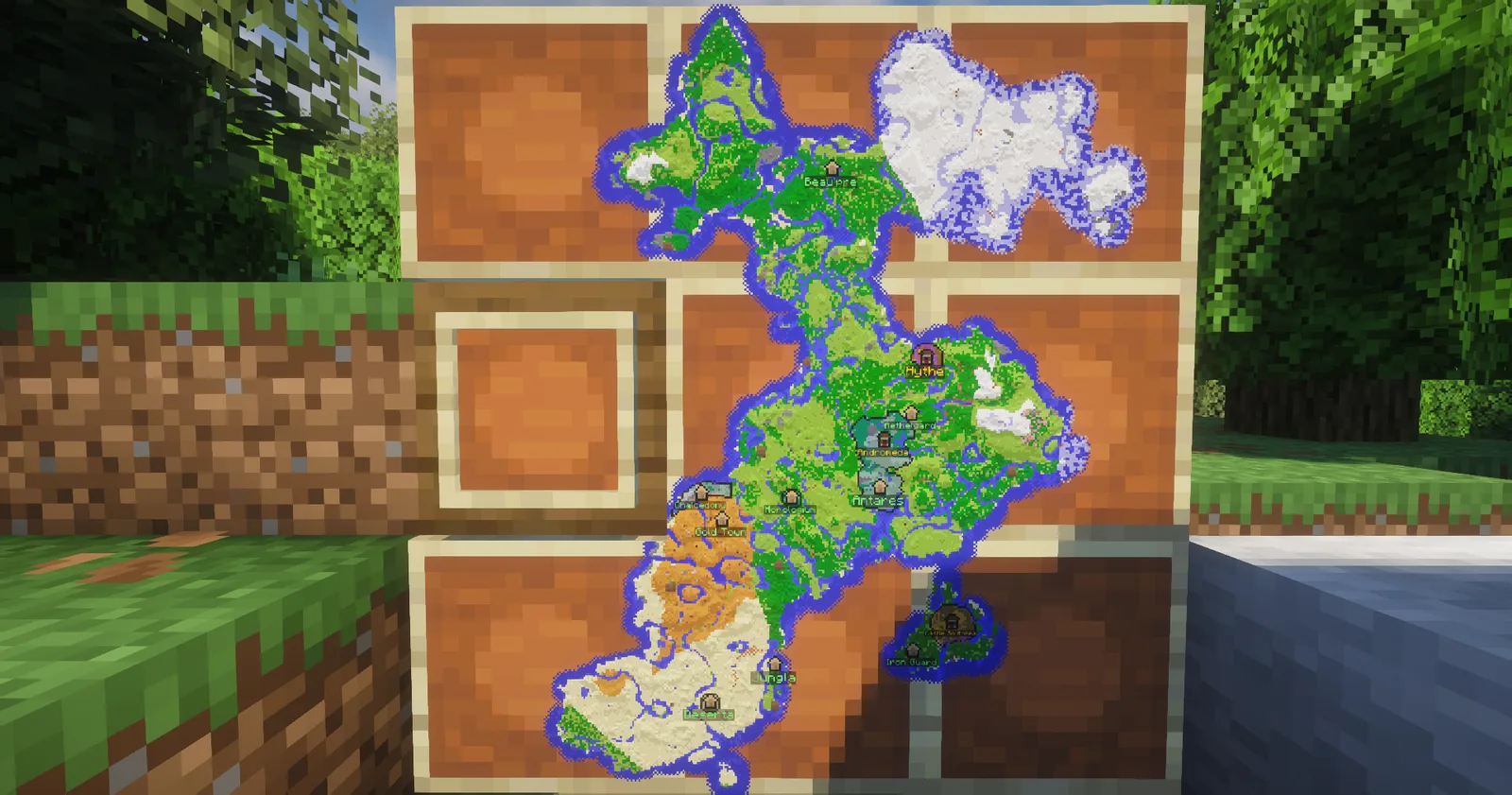 A wall of maps showing the world and its town claims