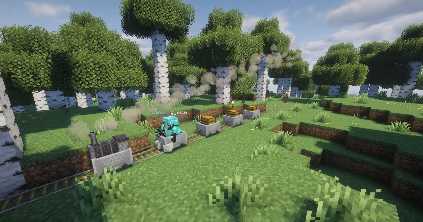 A Locomotive pulling chest carts along a line through birch woods