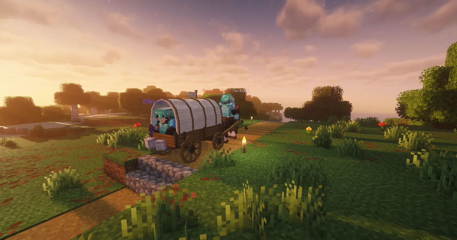 A covered wagon and its horse on a road at sunset